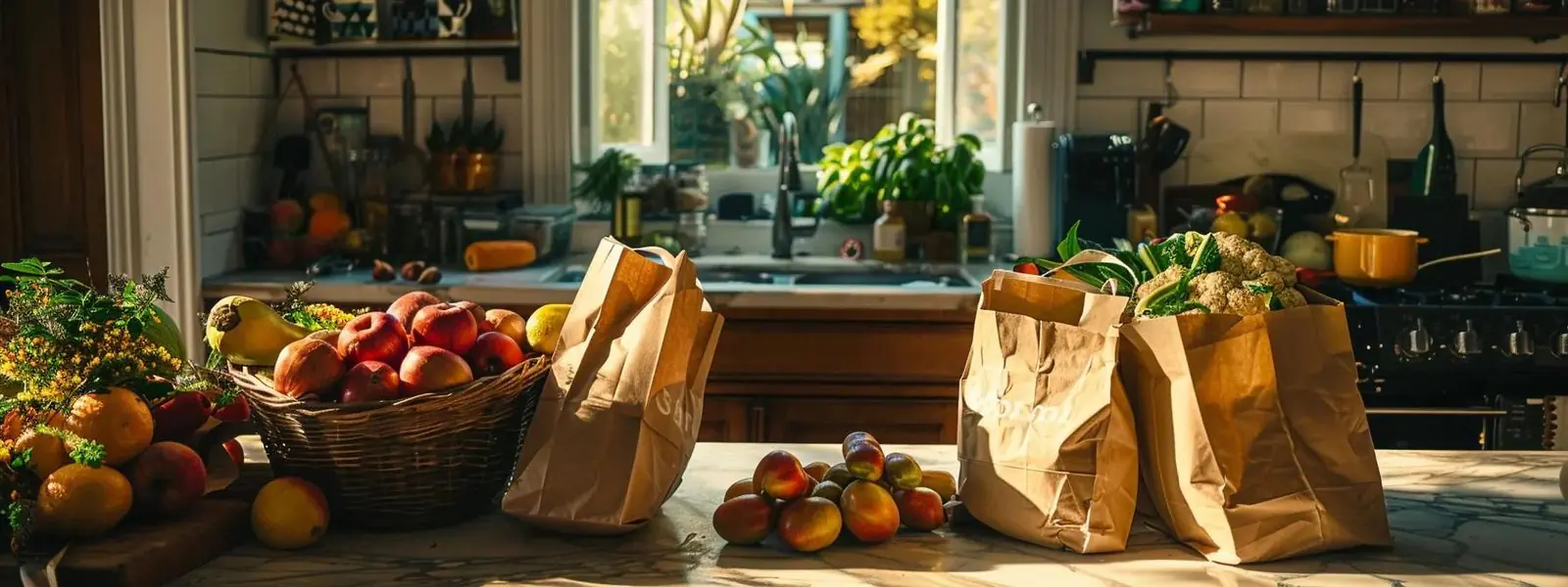 una escena de cocina bellamente arreglada muestra una variedad de productos frescos almacenados en bolsas de papel ecológicas, enfatizando prácticas de almacenamiento de alimentos sostenibles con iluminación natural cálida que ilumina los vibrantes colores de frutas y verduras.