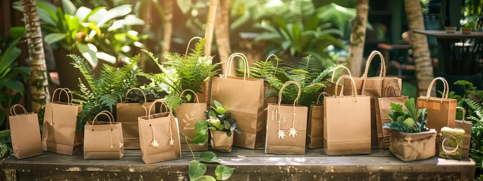 una vibrante exhibición de varias bolsas de papel ecológicas en un entorno natural acogedor, mostrando sus características biodegradables y reciclables, con la luz del sol filtrándose a través de exuberante vegetación para realzar las texturas y colores terrosos.