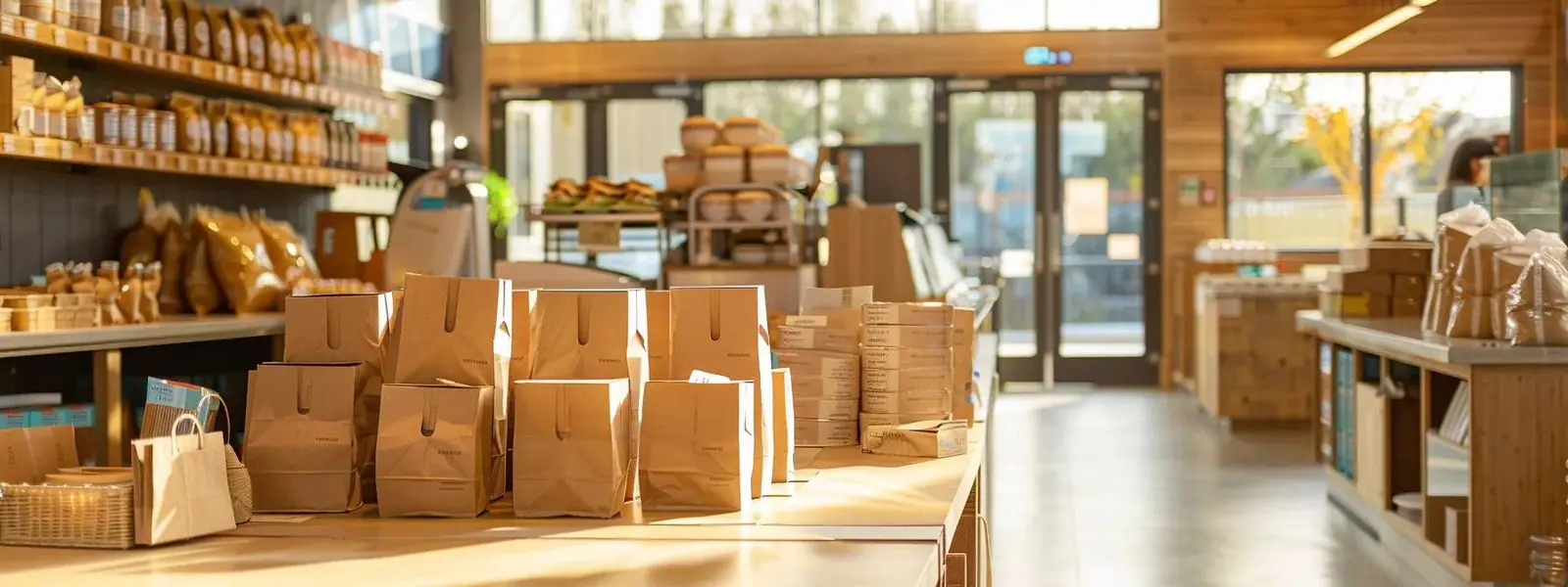 un vibrante interior de negocio alimentario eco-consciente muestra prácticas sostenibles, con una variedad de elegantes opciones de embalaje de papel y una máquina fabricadora de bolsas de papel, todo bañado en cálida luz natural para enfatizar el compromiso con la responsabilidad ambiental.