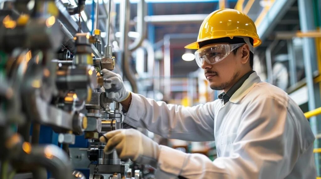factory worker lubricating mechanical parts