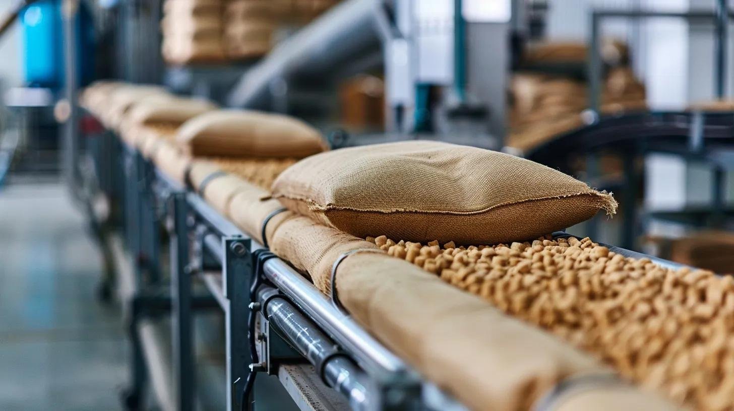 Burlap bag on conveyor belt in industrial setting, showcasing optimized bagging process for food and chemical products.