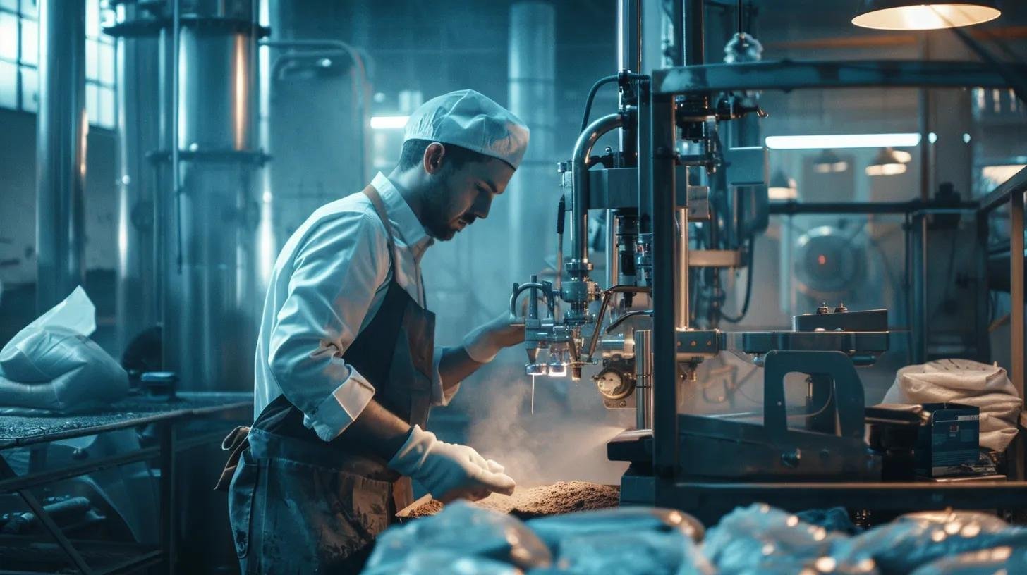Worker operating industrial bagging machine in a packaging facility, focused on optimizing workflow and material handling for efficiency in food and chemical industries.