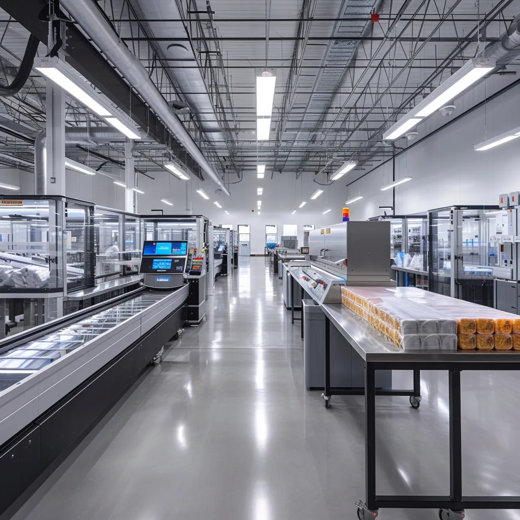 a sleek, modern manufacturing facility showcases a high-efficiency automatic bagging machine in action, surrounded by vibrant displays of packaged products, emphasizing precision and innovation in production.