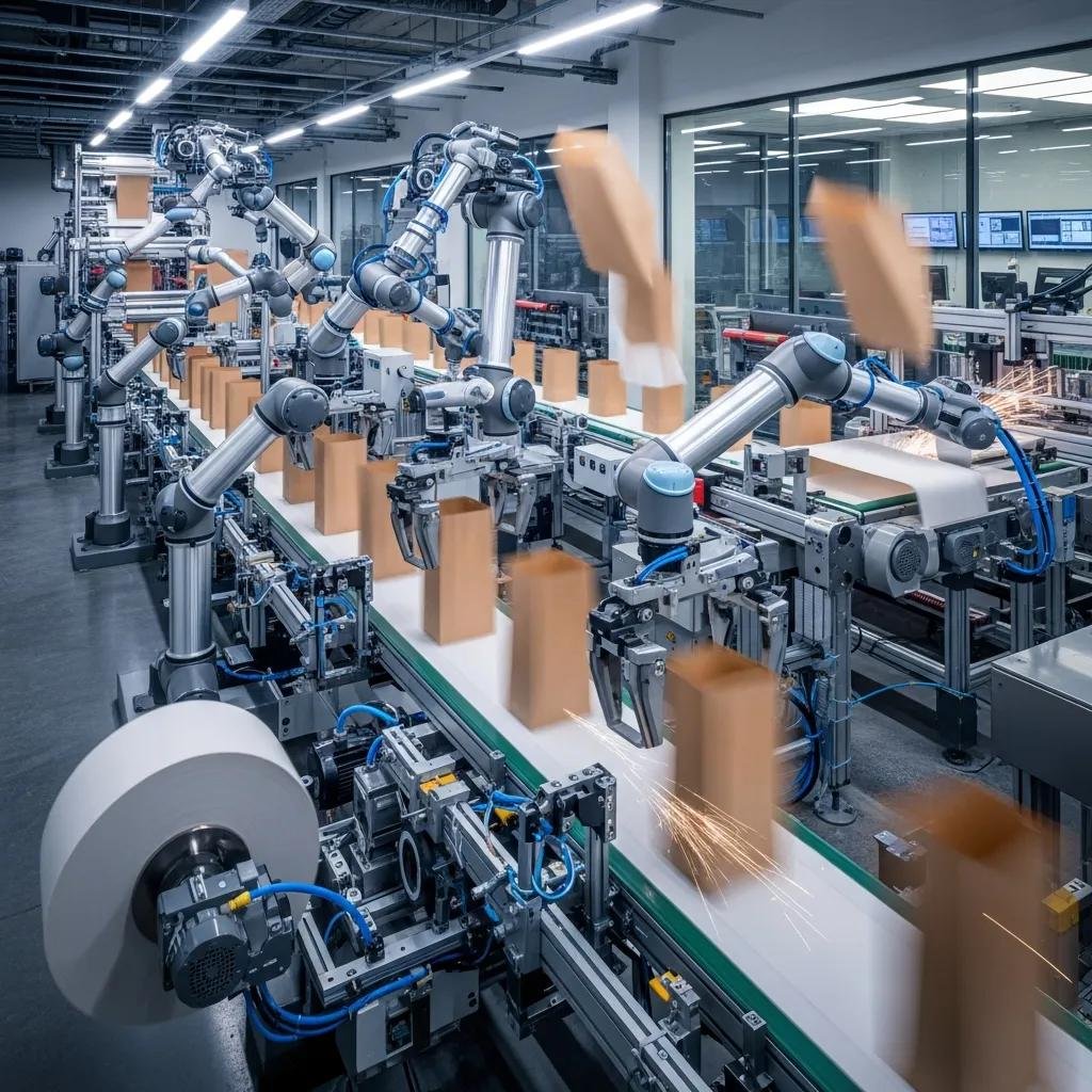 Automated paper bag manufacturing machinery production line with advanced controls and robotics, ensuring consistent output for industrial bagging equipment.