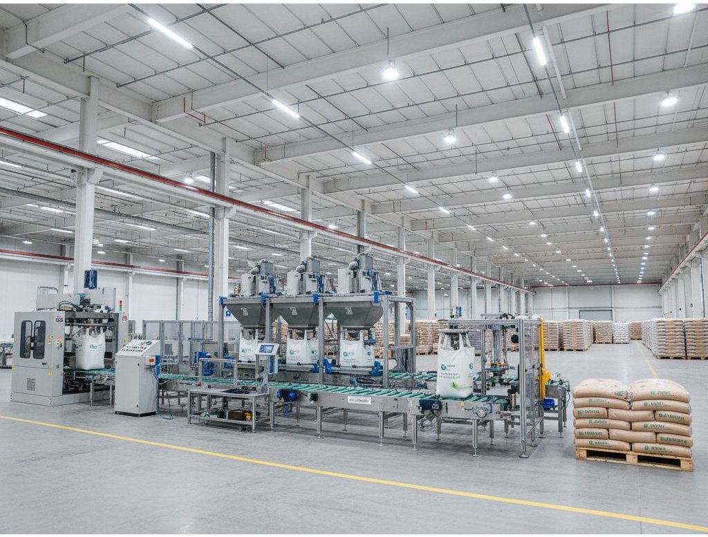 Complete automated bagging production line with palletised bags in industrial warehouse