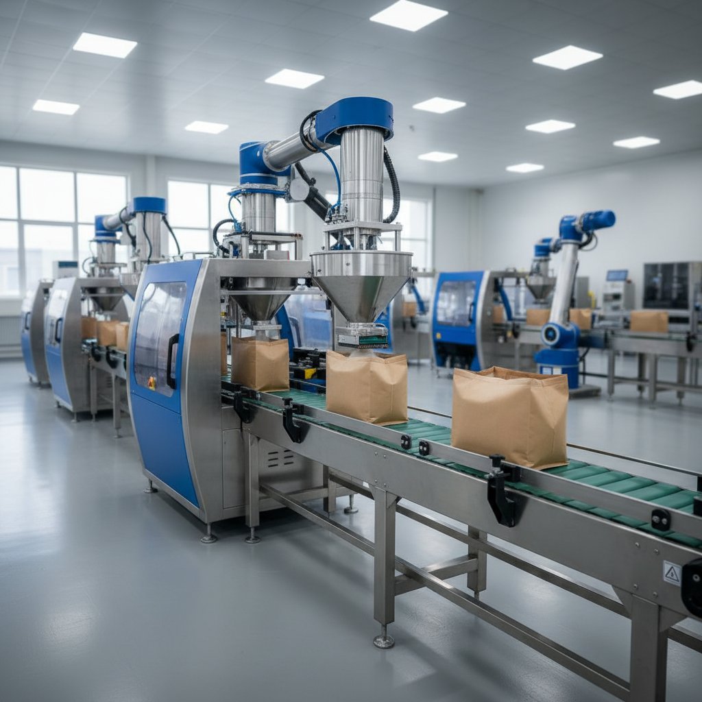 Automated bagging system filling and sealing industrial bags on a production line