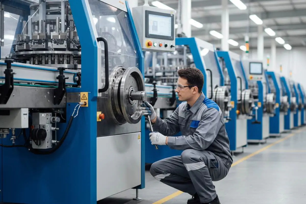 Service engineer performing maintenance on industrial bag making machine