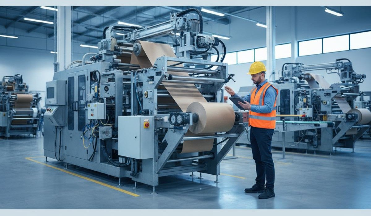 Operations manager evaluating paper bag machine with tablet in modern factory
