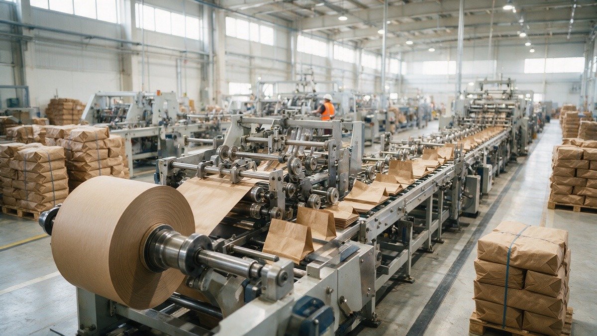 Industrial paper bag production line, second machine scaling guide, Newlong Holland factory floor