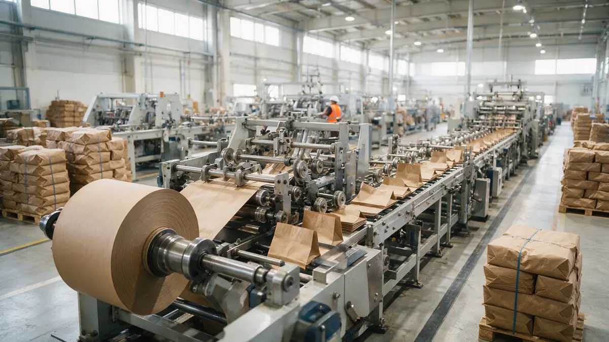 Industrial paper bag production line, second machine scaling guide, Newlong Holland factory floor